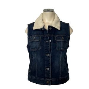 J. JILL sz X Small Denim Vest Removable Faux Sherpa Fur Collar Blue Off White